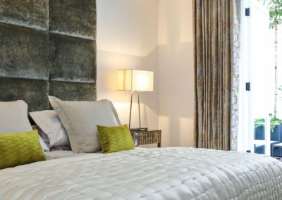 Penman Interiors Chelsea Bedrooms Panelled Headboard Velvet Ochre Accent Styling