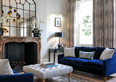 Penman Interiors Chelsea Living Room Cobalt Blue Sofa Grey Scheme Window Mirror