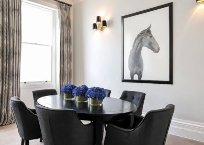 Penman Interiors Chelsea Living Room Dining Area Table Black Wall Lights Horse Art