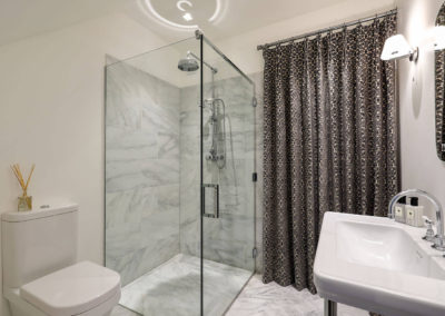 Penman Interiors Chelsea Shower Room Grey Marble Tiles Door Curtain