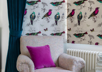 Penman Interiors Dulwich Bedroom Chair Pink Cushion Teal Velvet Curtain Upholstery Weave Fabric