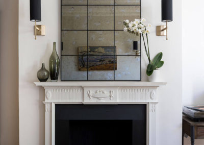Penman Interiors Dulwich Living Room Fireplace Slate White Wooden Surround Black Gold Wall Lights Styling