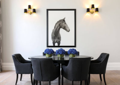 Penman Interiors Living Dining Room Table Black Chairs Gold Wall Lights Horse-Art Styling